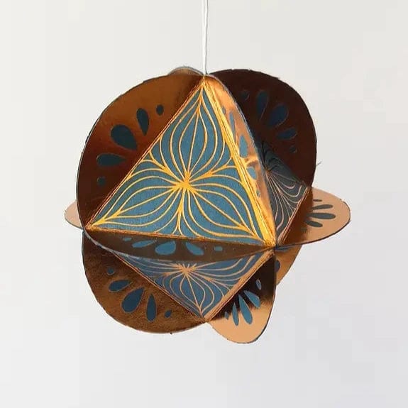 Default Globe Ornament Kit - 8 Sided Octahedron in Poinsettia Design - Brass on Teal