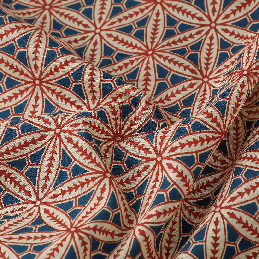 Default Indian Blockprint - Geometric Star Pattern Navy and Brick - Sanganeri Block Printing Cotton Fabric