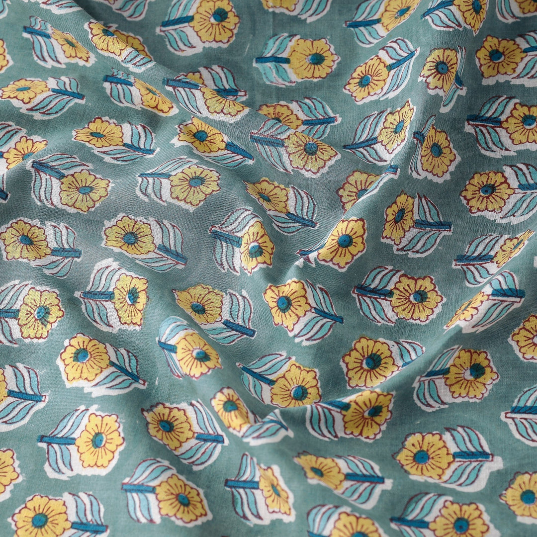Default Indian Blockprint on Cotton - Yellow Floral on Teal - Sanganeri Block Printing Cotton Fabric