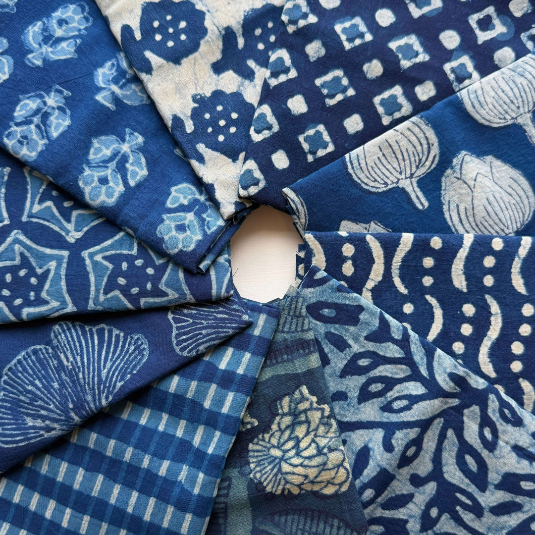 Default Indigo Block Print Bundle, 10 FQs - Indian Cotton