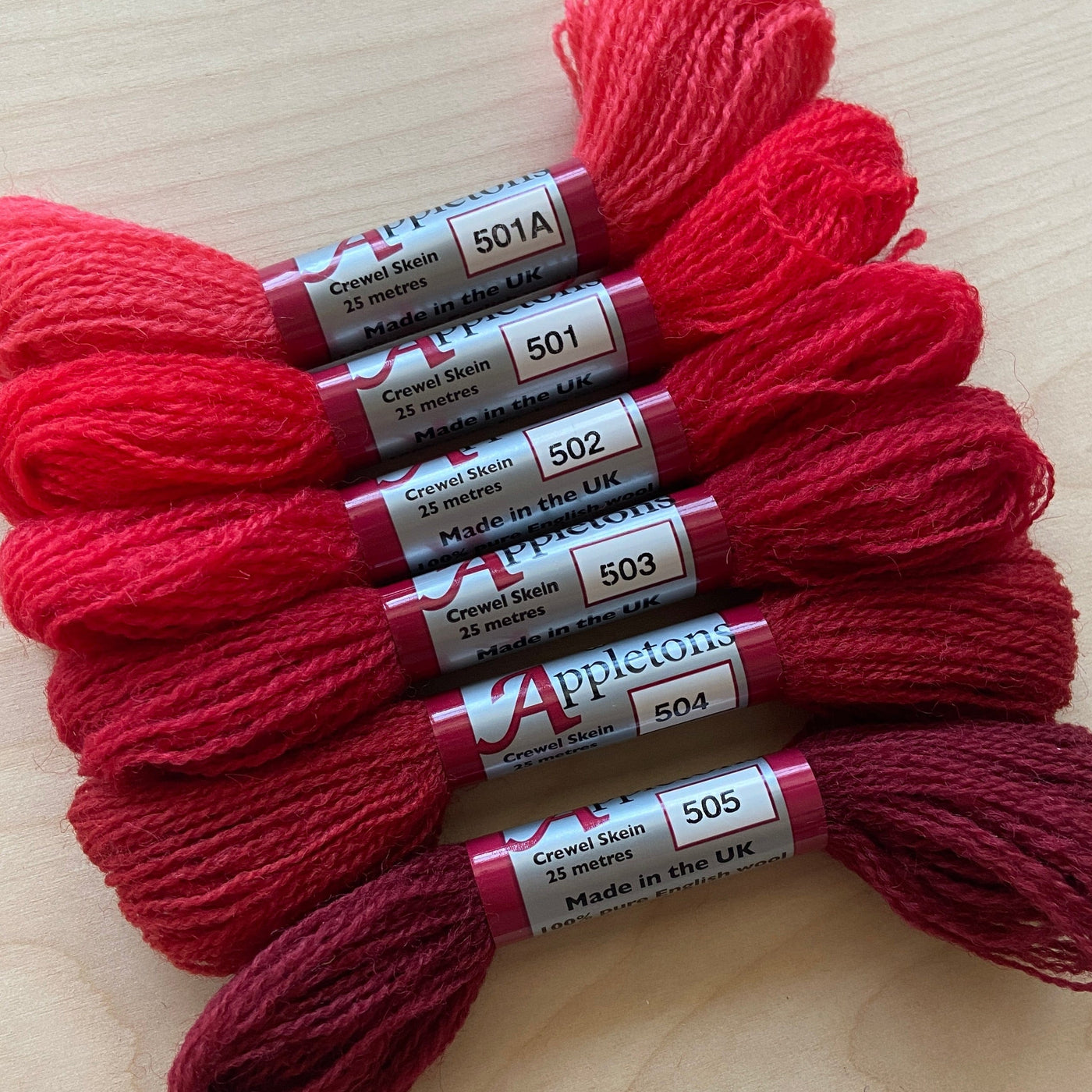 Individual Appletons Crewel Wool Skeins from the Scarlet Colorway