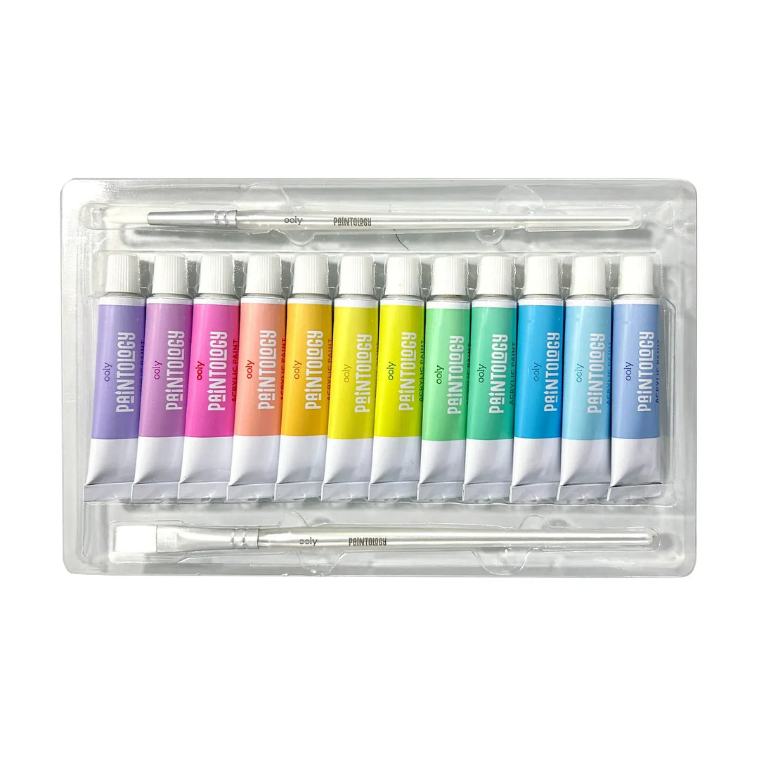 Default Paintology Acrylic Paint Set -  Pastel Colors - 12 Colors + 2 Brushes - by Ooly