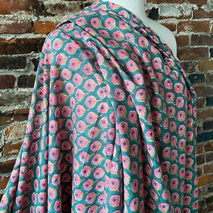 Default Pink Flowers on Green - Sangeneri Block Printed Indian Cotton