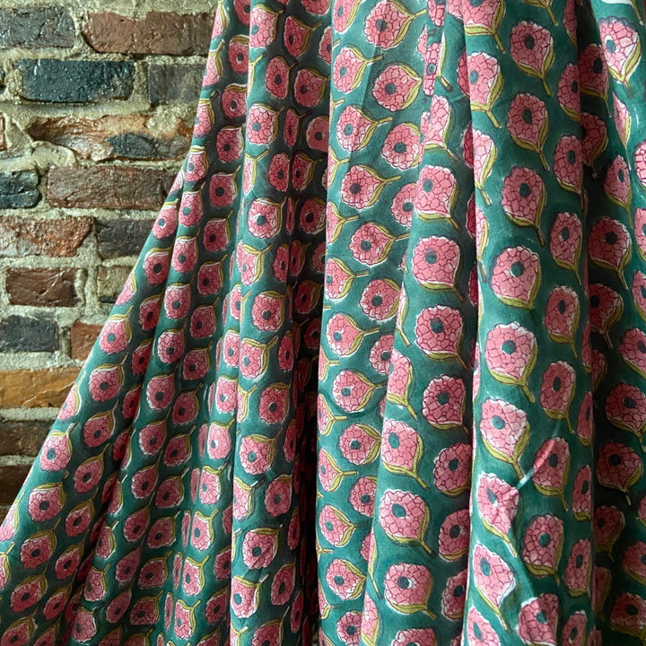 Default Pink Flowers on Green - Sangeneri Block Printed Indian Cotton