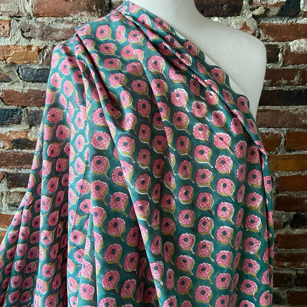 Default Pink Flowers on Green - Sangeneri Block Printed Indian Cotton