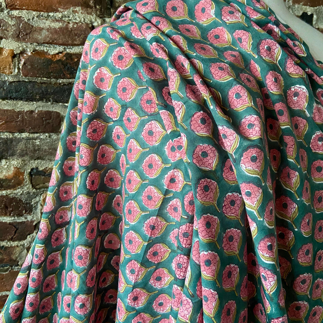 Default Pink Flowers on Green - Sangeneri Block Printed Indian Cotton