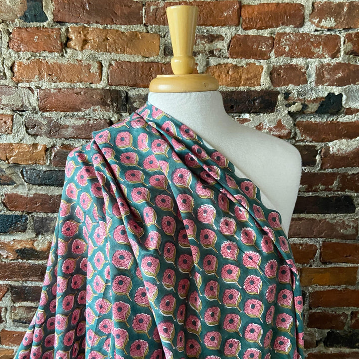 Default Pink Flowers on Green - Sangeneri Block Printed Indian Cotton