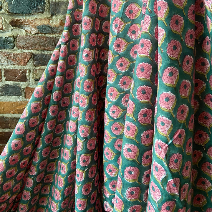 Default Pink Flowers on Green - Sangeneri Block Printed Indian Cotton