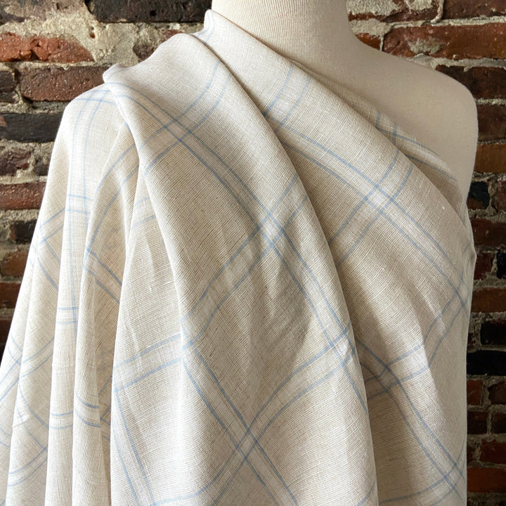 Default Summer House - 100% Yarn Dyed Linen - Creamywhite background with light blue plaid stripes