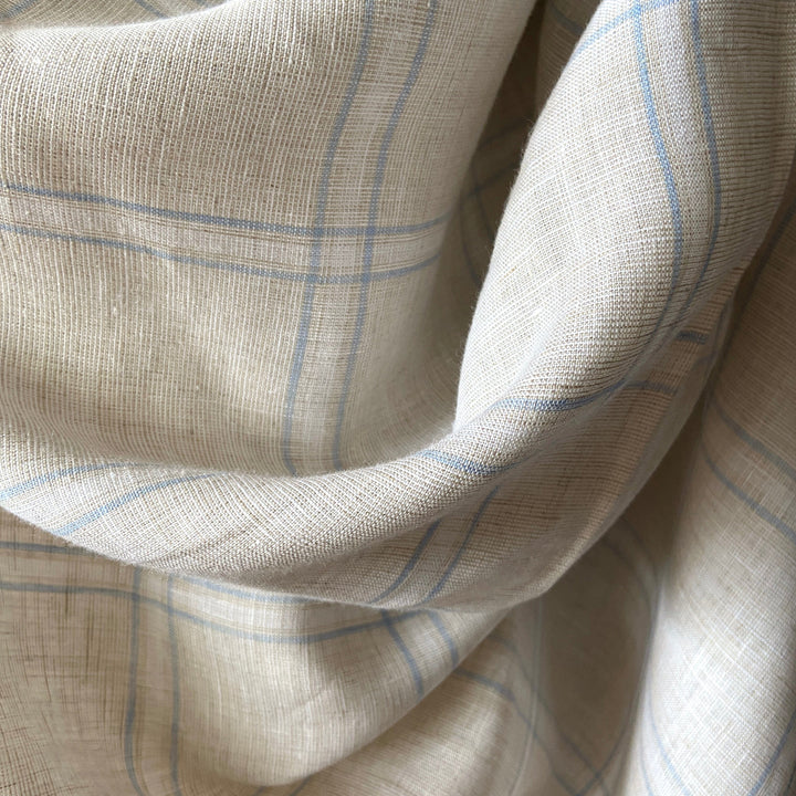 Default Summer House - 100% Yarn Dyed Linen - Creamywhite background with light blue plaid stripes