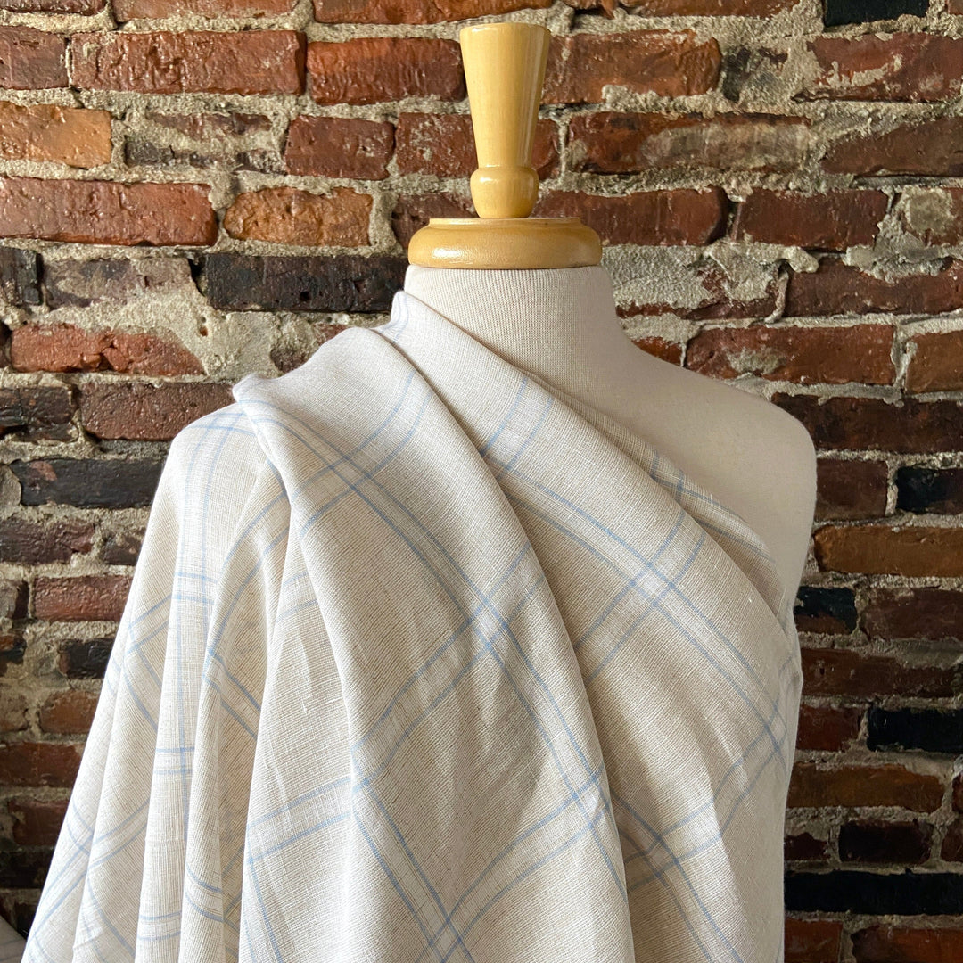 Default Summer House - 100% Yarn Dyed Linen - Creamywhite background with light blue plaid stripes