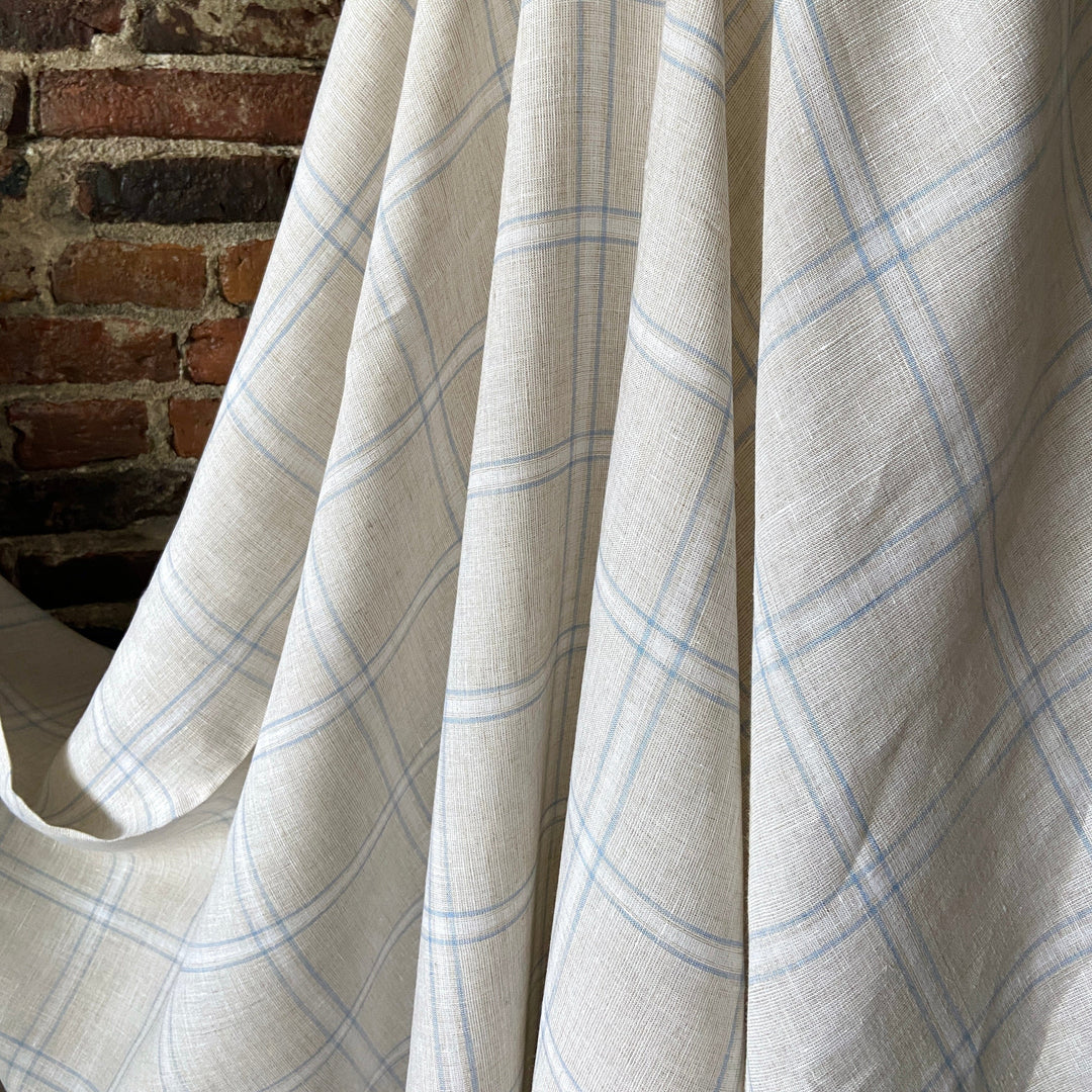 Default Summer House - 100% Yarn Dyed Linen - Creamywhite background with light blue plaid stripes