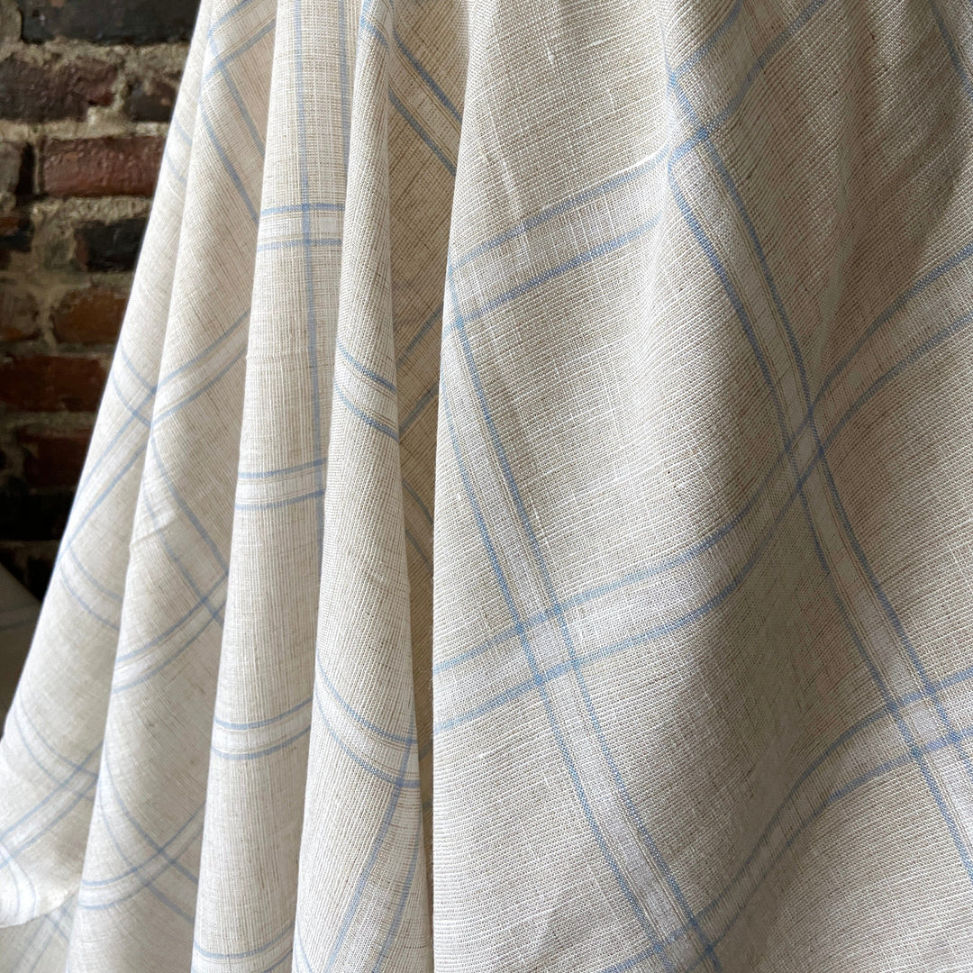 Default Summer House - 100% Yarn Dyed Linen - Creamywhite background with light blue plaid stripes