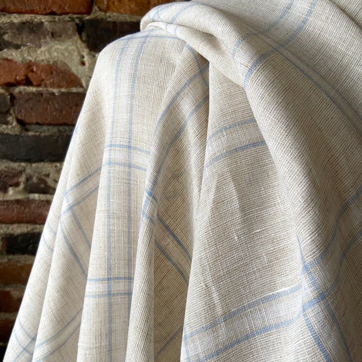 Default Summer House - 100% Yarn Dyed Linen - Creamywhite background with light blue plaid stripes