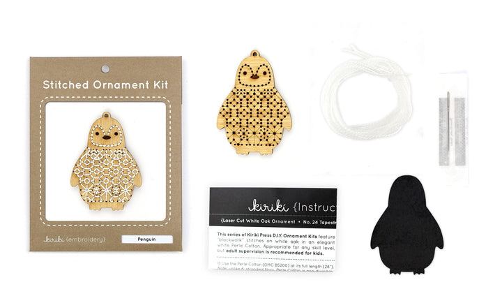 Wooden Penguin Stitched Ornament Kit from Kiriki
