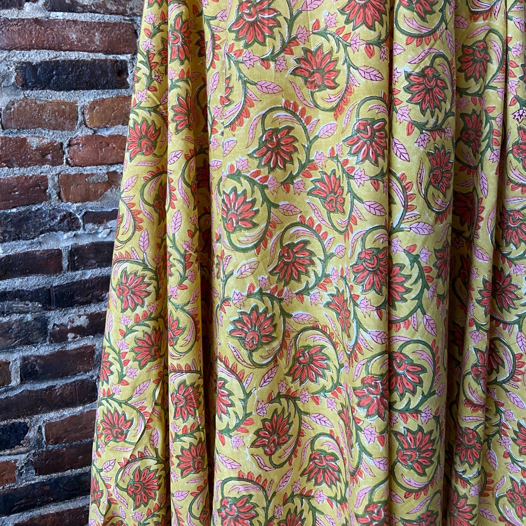 Yellow & Pink Vining Floral - Hand Block Printed Cotton - India