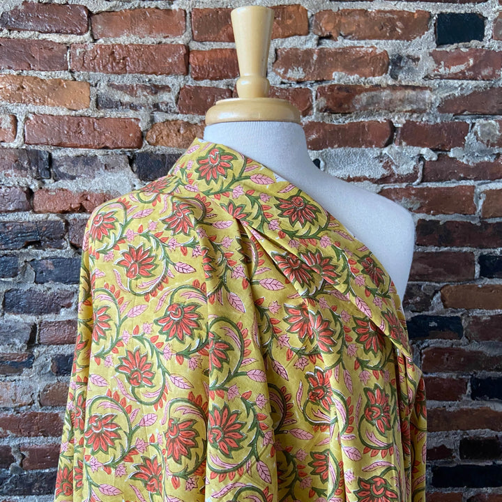 Yellow & Pink Vining Floral - Hand Block Printed Cotton - India