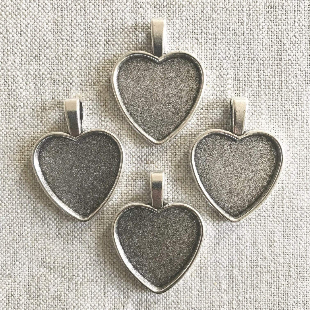 Bezel Tray Pendant, Heart Shape with Plain Back in Antique Silver, 23mm x 21mm Tray, Four Pieces