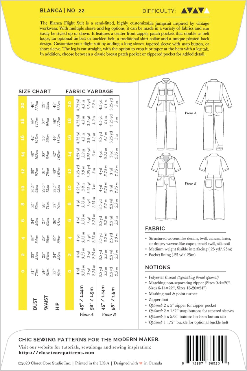 Bianca Flight Suit - Closet Core Patterns - Sizes 0-20