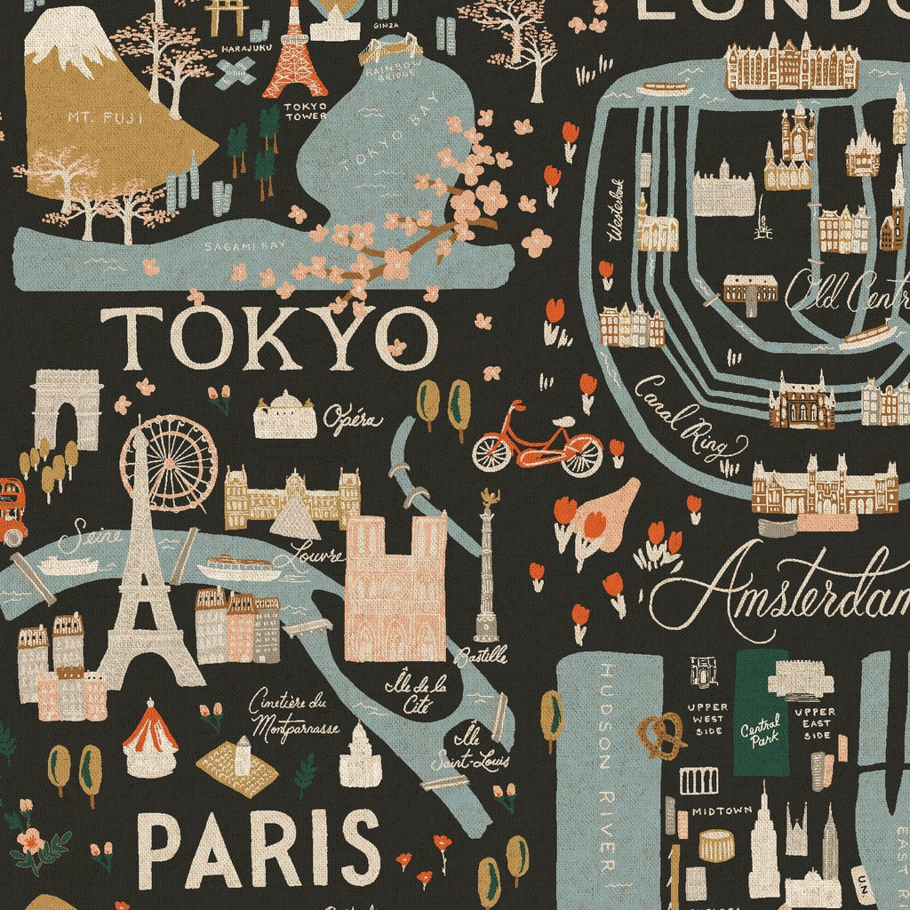 Rifle Paper Co. Bon Voyage City Guide Unbleached Black Metallic Canvas - Cotton + Steel - PER QUARTER METRE