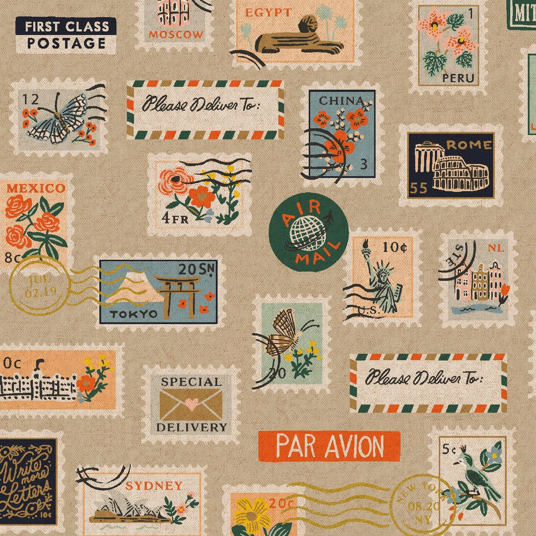 Canvas ~ Postage Stamps in Natural Unbleached Metallic Canvas ~ Bon Voyage by Rifle Paper Co.