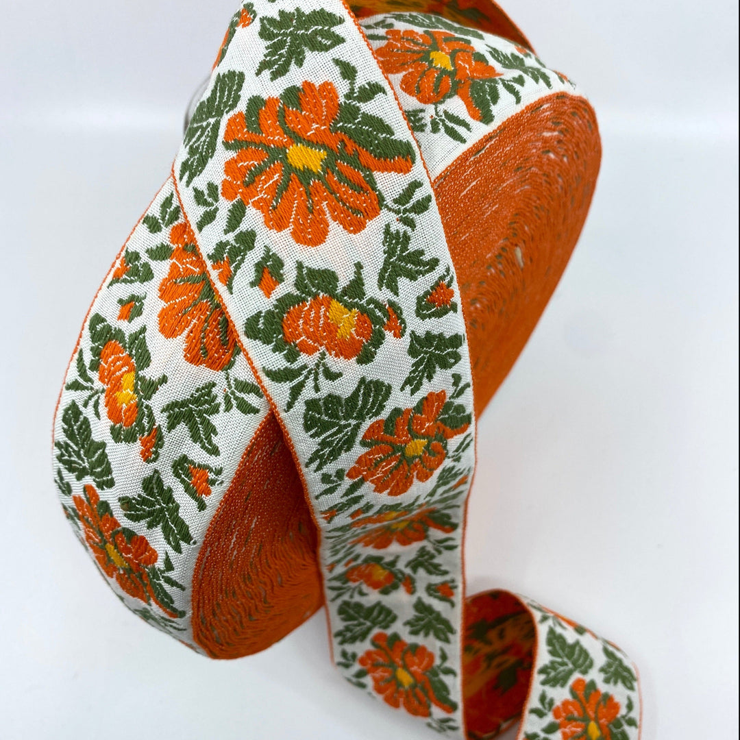 Floral Jacquard Cotton Ribbon, Orange and Green