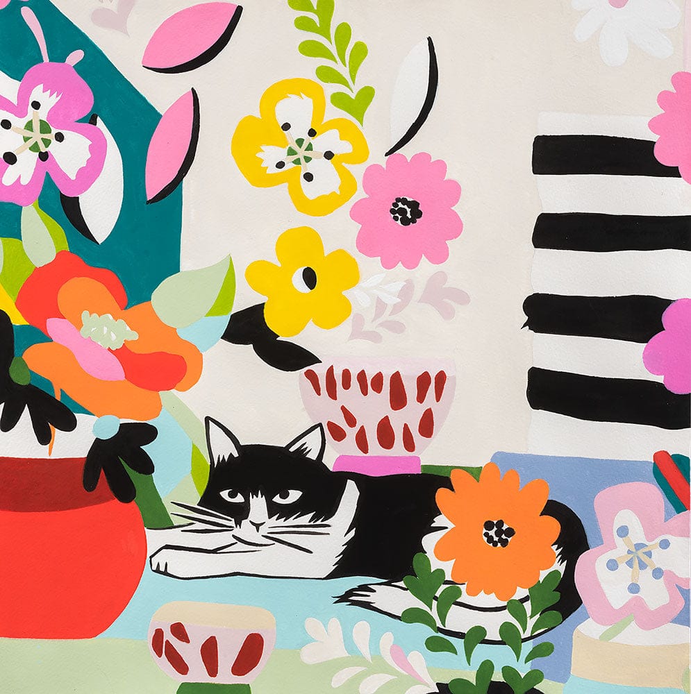Henri's Cat on Natural/Pink Bright - Wish You Were Here Collection from Alexander Henry