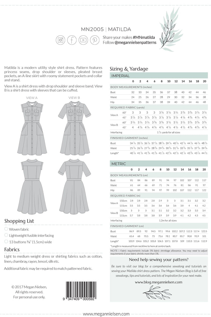 Matilda Shirt Dress - Sizes 0-20 - Megan Nielsen