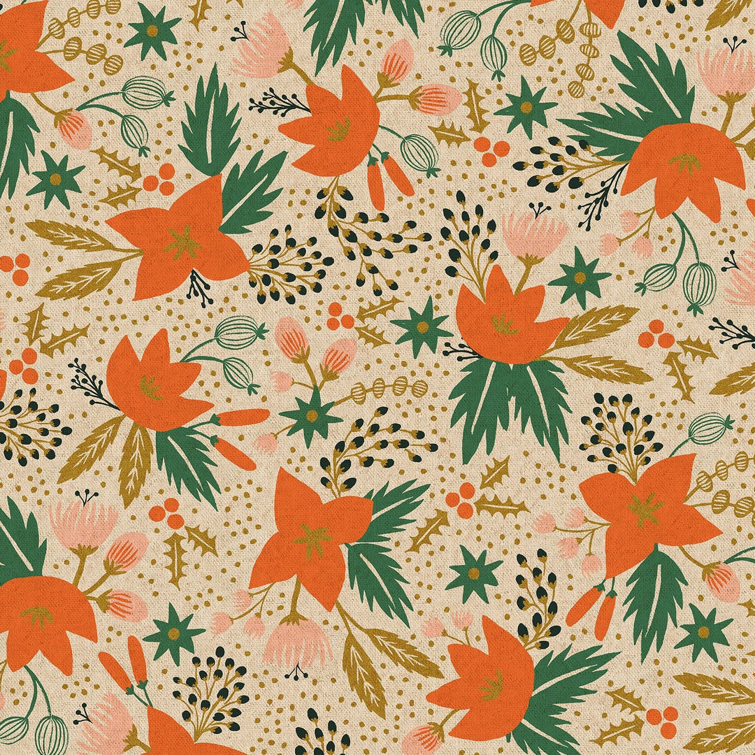 Poinsettia in Cream Metallic - Linen Cotton Canvas Project Cut - 22" x 26"