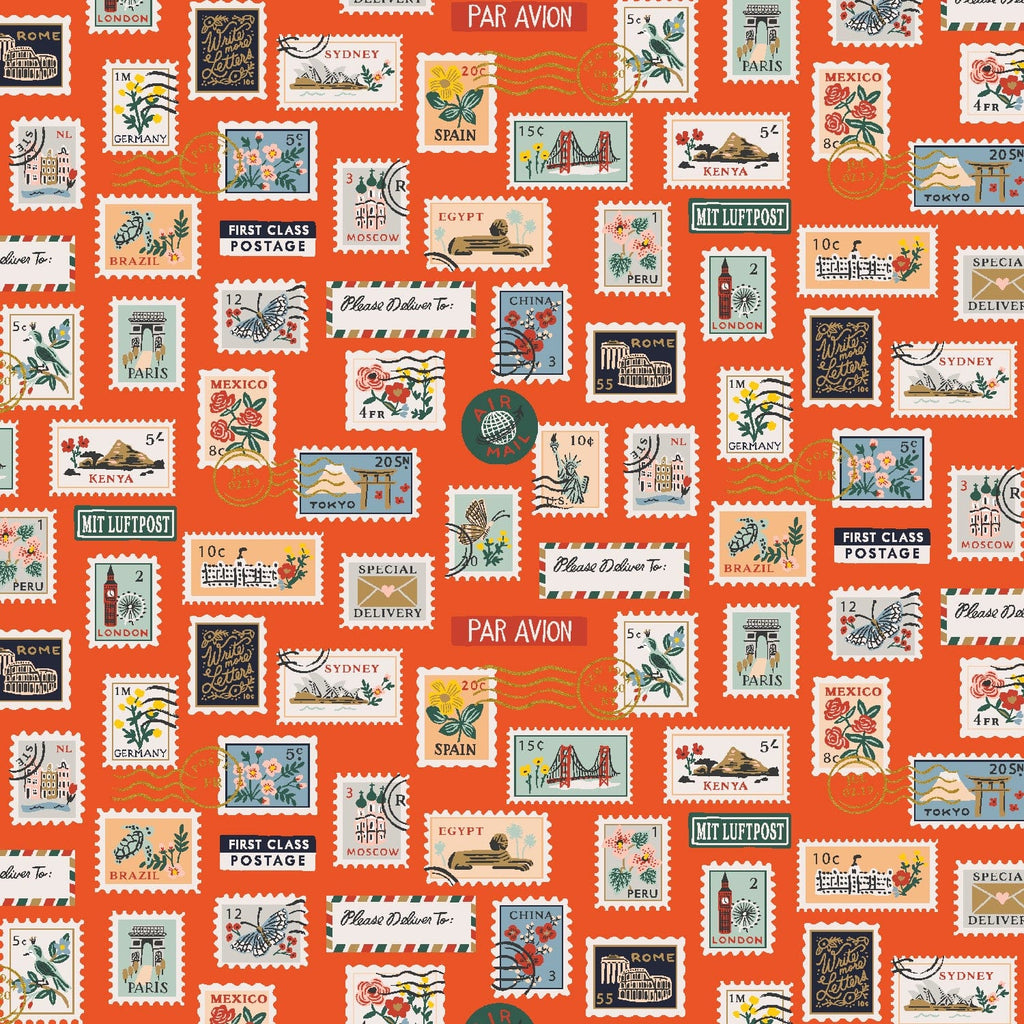 Rifle Paper Co. Bon Voyage Postage Stamps Red Metallic - Cotton + Steel - PER QUARTER METRE