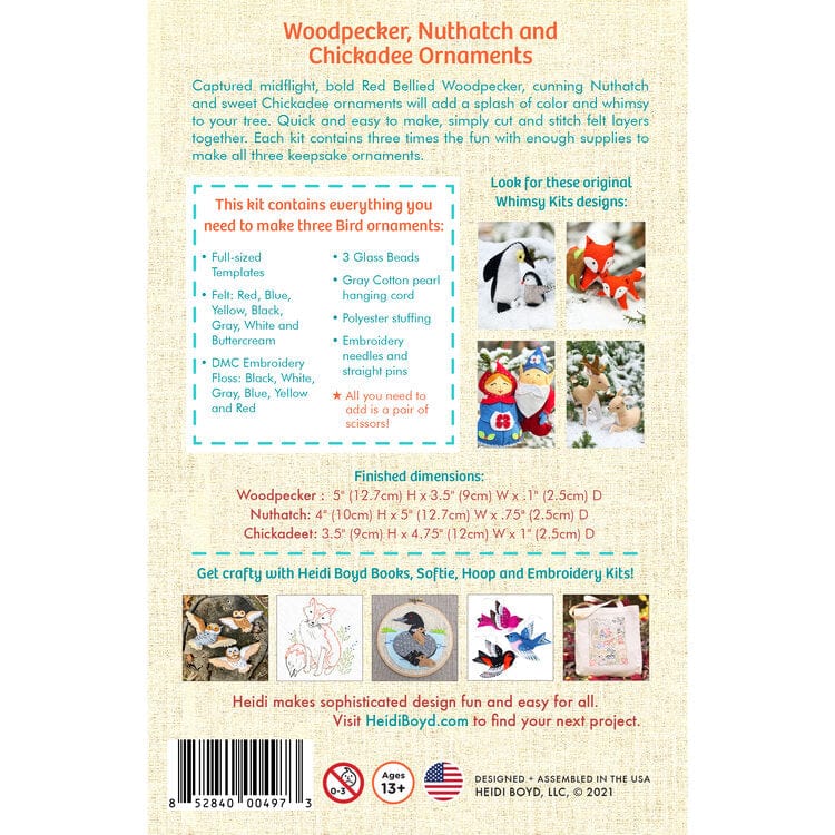 Whimsy Ornament Kit - Woodpecker, Nuthatch, and Chickadee  - Heidi Boyd