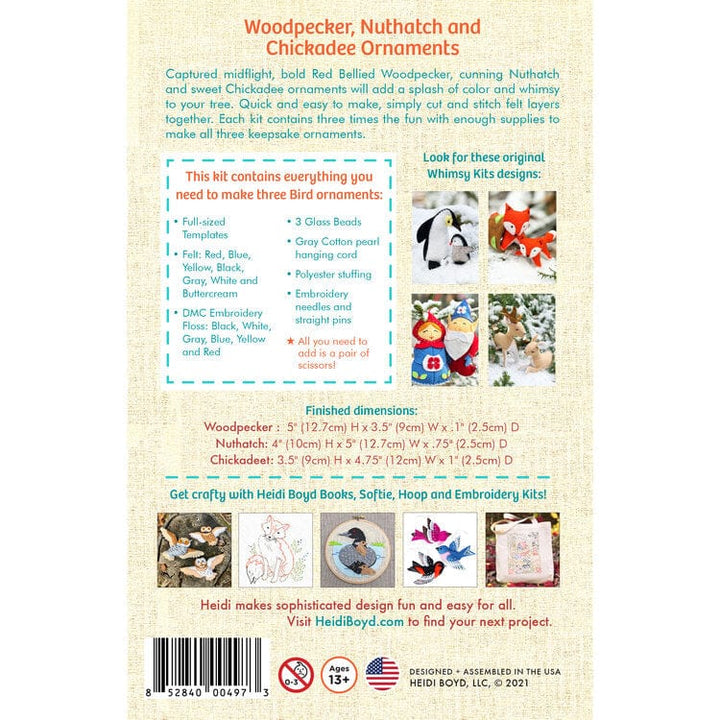 Whimsy Ornament Kit - Woodpecker, Nuthatch, and Chickadee  - Heidi Boyd