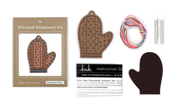 Wooden Gingerbread Mitten Stitched Ornament Kit from Kiriki